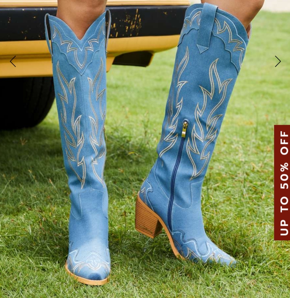 WetKiss The Alice-B Blue Denim Embroidered  Pointed Toe Cowgirl Boots. Size 7.5
